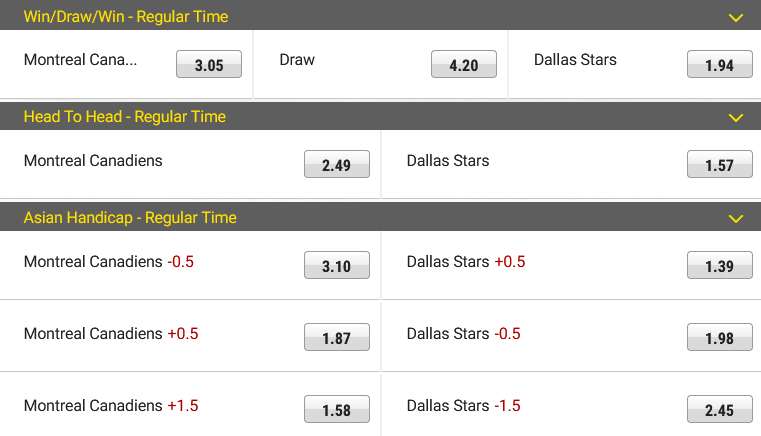 Hockey betting Montreal - Dallas